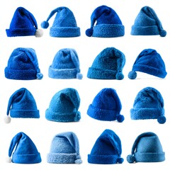 Variety set of 16 Blue Santa Hats and Winter Caps in different textures (fuzzy, plush, knitted), isolated on white. Christmas holiday accessories and fashion.