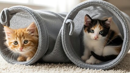 Two adorable kittens peering out from inside a gray fabric tunnel on a fluffy carpet