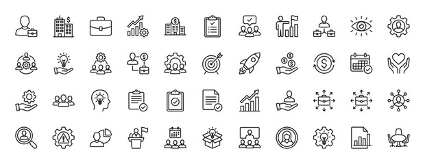 Business and management line icon set. Vector pictograms of teamwork, strategy, growth, and finance, thin outline illustration.