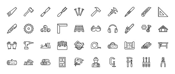 Woodworking and carpentry tools line icon set. Vector pictograms of saw, hammer, drill, chisel, and clamps, thin outline illustration.