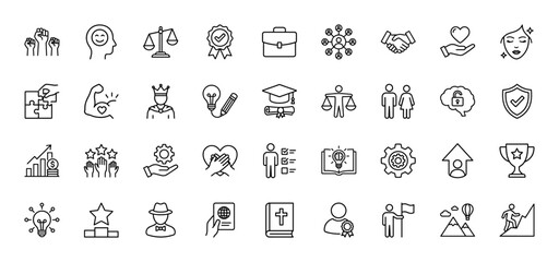Ethics, values, and education line icon set. Vector pictograms of handshake, trophy, graduation cap, and scales, thin outline illustration.