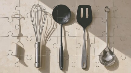 Kitchen utensils puzzle art for culinary and interior design inspiration
