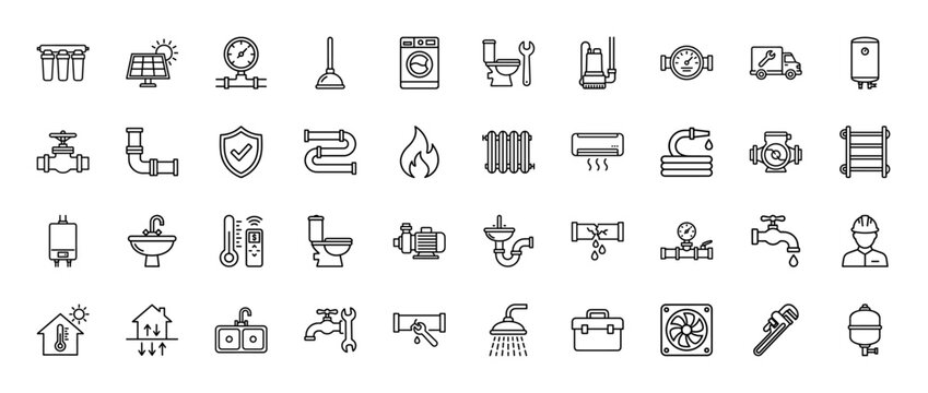 Plumbing and heating line icon set. Vector pictograms of water filter, solar panel, sink, toilet, radiator, and tools, thin outline illustration.