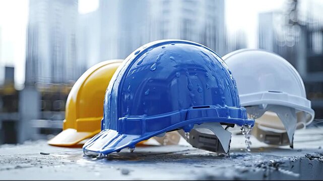 Three wet safety helmets blue yellow and white sit on a surface at a construction site with blurred buildings in the background