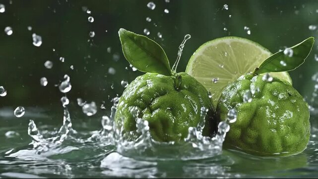 Two bumpy green citrus fruits and a slice sit in water creating a dynamic splash with droplets frozen in motion against a dark green background