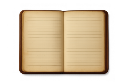 Open antique notebook with blank aged lined paper pages, ready for writing or journaling, on transparent background - Powered by Adobe