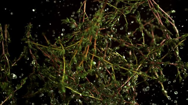 Super slow motion of thyme sprigs. Filmed on a high-speed camera at 1000 fps. High quality FullHD footage