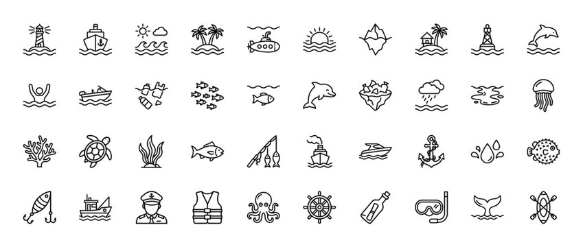 Ocean and nautical line icon set. Vector pictograms of lighthouse, ship, dolphin, and jellyfish, thin outline illustration.