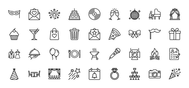 Party and celebration line icon set. Vector pictograms of gift, microphone, cake, confetti, and disco ball, thin outline illustration.