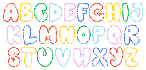 Hand drawn marker textured font. Stylish grunge alphabet with capital letters. Vector colorful childlike marker, chalk lettering with playful handcrafted design.