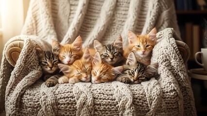 A group of kittens sleeping and resting on a cozy knitted blanket in a comfortable chair
