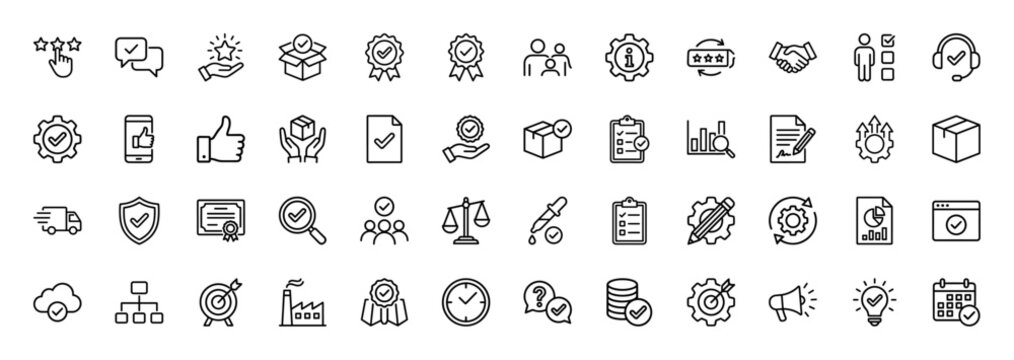 Quality assurance and control line icon set. Vector pictograms of verification, check mark, certificate, delivery, and guarantee, thin outline illustration.
