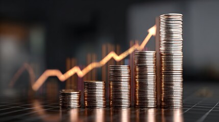 Financial Ascent: Metallic coins stacked in ascending order, symbolizing the steady climb of economic growth. Accompanying the visual narrative is a dynamic upward-trending line chart.