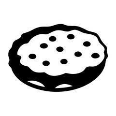 Simple black and white icon illustrating a fruit pie or tart with toppings on top