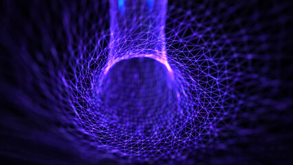 Endless flight through a neon sci-fi tunnel of colorful wires in space. Flight inside the hyperspace tunnel. Network data connection, speed of light, space travel, time strings.