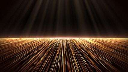 Luxury golden awards stage background. Magic performance floor of bright golden particles surrounded by elegant soft light rays. Award ceremony, event, holiday, celebration.