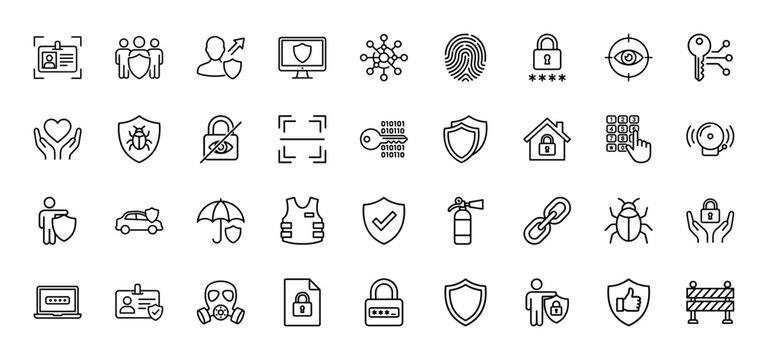 Security and protection line icon set. Vector pictograms of fingerprint, shield, lock, key, armor, and car insurance, thin outline illustration.