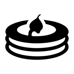 Simple black and white icon illustration of a stack of pancakes with butter topping