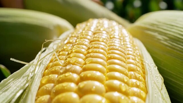 Fresh corn cob with water droplets on kernels in green husk close up vibrant agricultural produce