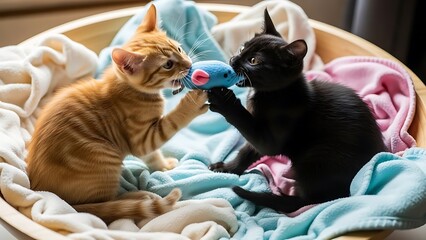 Orange and black kittens playing tug of war with a toy mouse in a laundry basket