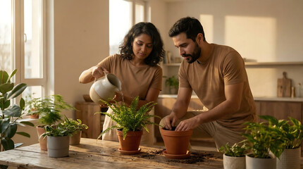 Young couple potting plants together in sunny sustainable home garden