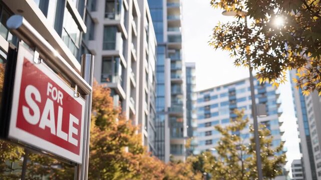 A red sign that says "For Sale" is hanging on a metal pole. The sign is in front of a tall building