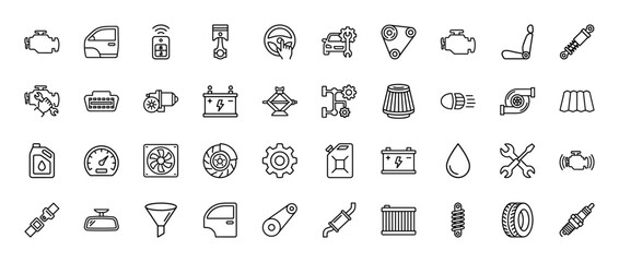 Fototapeta premium Automotive parts and repair line icon set. vector pictograms of car engine, wheel, battery, steering wheel, and shock absorber, thin outline illustration.