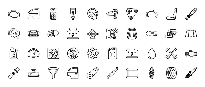 Automotive parts and repair line icon set. vector pictograms of car engine, wheel, battery, steering wheel, and shock absorber, thin outline illustration.