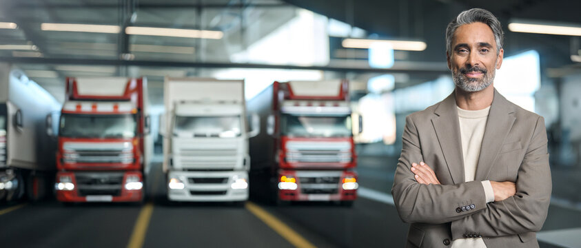 Transport delivery shipment company owner with cargo trucks vehicles. Business distribution express service. Cargo freight lorry distribution, transportation delivering logistic industry. Banner - Powered by Adobe