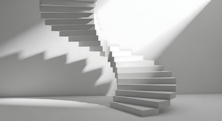 Sleek white spiral staircase ascending towards bright light, casting long shadows, symbolizing progress, future opportunities, and the continuous upward journey