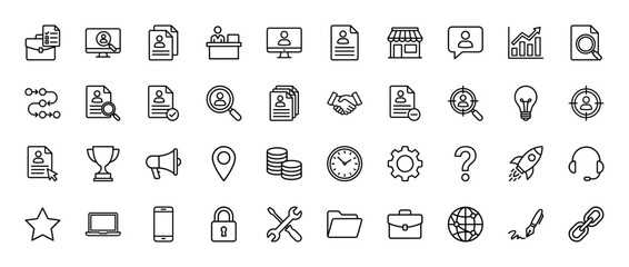 Fototapeta premium Human resources and business line icon set. Vector pictograms of job application, resume, interview, and finance, thin outline illustration.