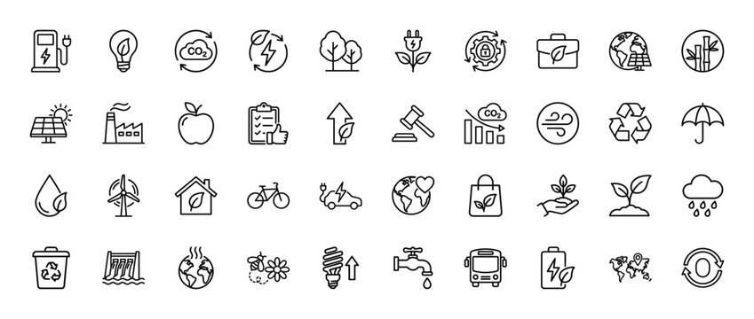 Ecology and sustainability line icon set. Vector pictograms of renewable energy, recycling, electric vehicles, and nature, thin outline illustration.