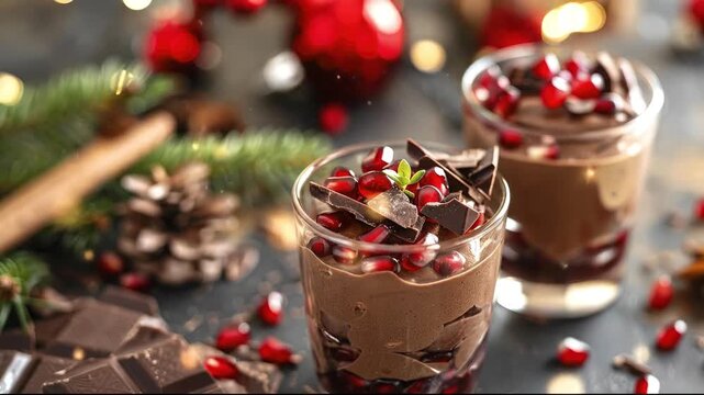 Two glasses of chocolate mousse layered with pomegranate seeds garnished with chocolate shavings set against a festive softly lit background with evergreen branches