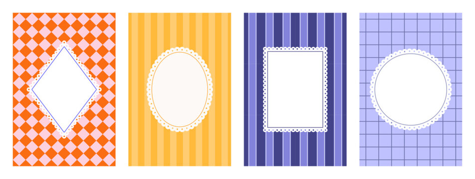 Set of frames with lace edges on bright seamless backgrounds. Trendy doodle borders with geometric patterns. Retro Dolce Vita vertical poster template. Checkered, striped and diamond pattern backdrops