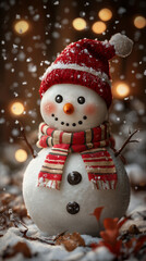 Obraz premium Snowman in Red Hat and Scarf with Christmas Lights