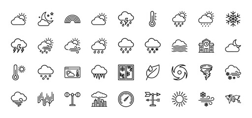 Weather and climate line icon set. Vector pictograms of sun, rain, snow, wind, clouds, and temperature, thin outline illustration.