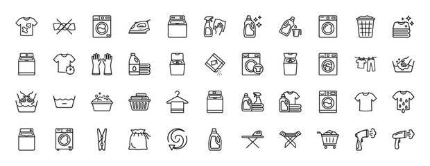 Laundry line icon set. Vector pictograms of washing machine, iron, clothes basket, detergent, and drying rack, thin outline illustration.