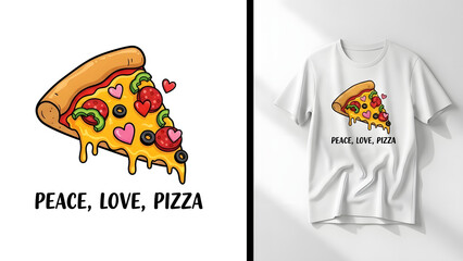 Fun illustration of a slice of pizza with hearts and a t shirt design