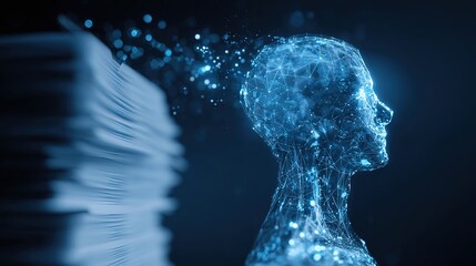 Conceptual Mind Flow: An artistic depiction portrays a person's head dissolving into particles. The artwork visualizes the transfer of thoughts, ideas, and knowledge from documents.