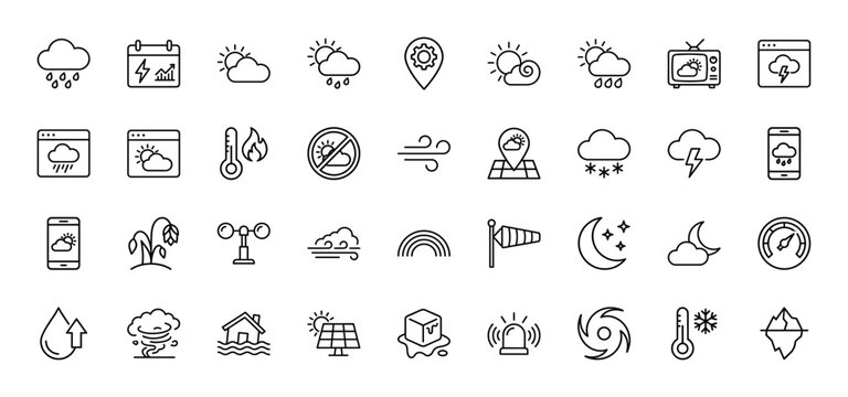 Weather and climate line icon set. Vector pictograms of rain, sun, wind, snow, thermometer, and tornado, thin outline illustration.