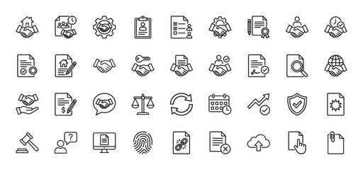 Fototapeta premium Legal and business line icon set. Vector pictograms of handshake, contract, document, and partnership, thin outline illustration.