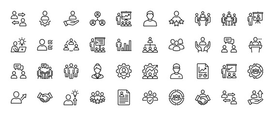 Human resources line icon set. Vector pictograms of teamwork, partnership, meeting, training, management, and employee selection, thin outline illustration.
