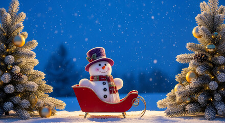 Smiling snowman on red sleigh, snowy scene with illuminated christmas tree and falling snowflakes, representing winter festive mood and holiday cheer