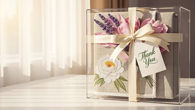 Elegant gift box with thank you note and flowers on a table  