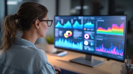 Data Analysis: A focused analyst meticulously studies complex data visualizations on a modern monitor, deeply immersed in the intricacies of information analysis.