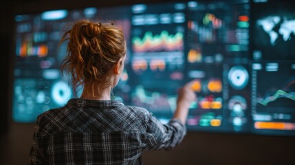 Data analysis in progress: A skilled analyst, immersed in a dynamic display of data visualizations, meticulously examines a complex array of information.