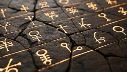 Ancient Runes and Glowing Symbols Carved into Dark Stone Tablet or Codex