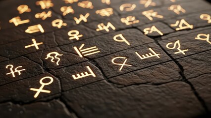 Ancient Runes and Glowing Symbols Carved into Dark Stone Tablet or Codex