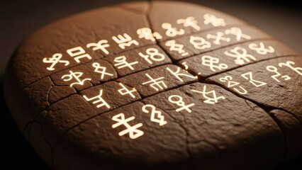Ancient Runes and Glowing Symbols Carved into Dark Stone Tablet or Codex