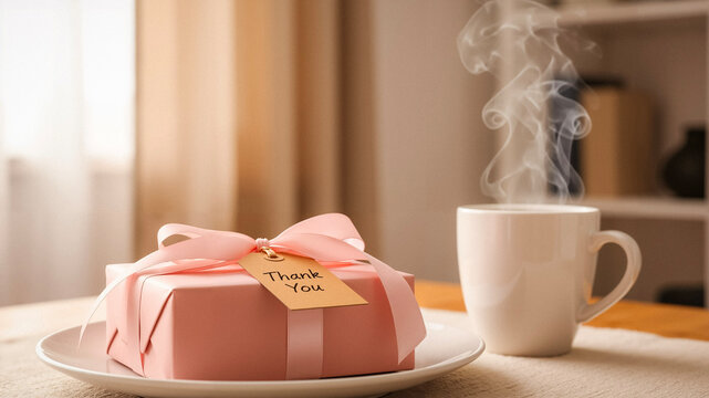 Pink gift box with thank you tag next to steaming coffee cup  